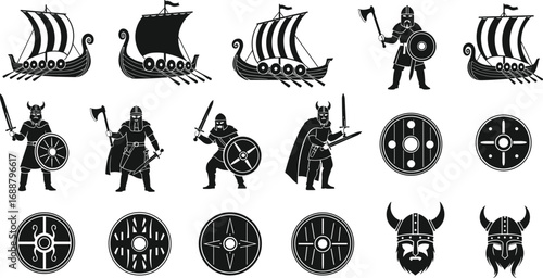Viking longships, medieval warriors with swords and shields, Norse helmets, ancient shields icons, Scandinavian battle symbols, Viking culture illustrations.