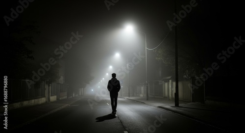 Silhouette of a solitary man walking down a foggy road at night