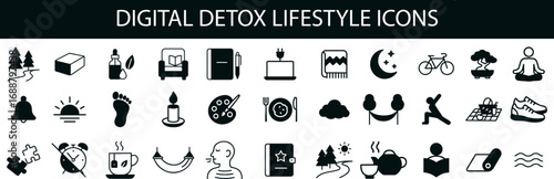 “Digital Detox Lifestyle Icon Set – Minimal Silhouettes of Nature, Wellness, and Mindful Activities for Health Apps & Calm Branding”