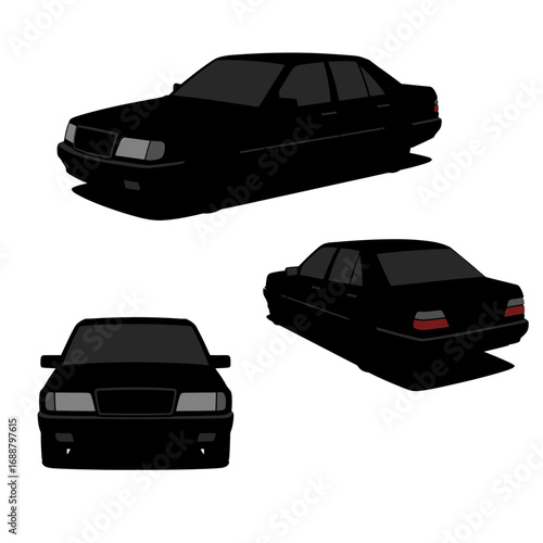 Black sedan car vector illustration from multiple angles featuring sleek dark body and classic design.