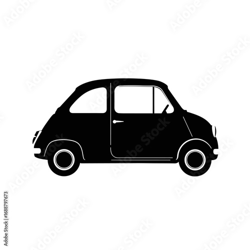 Silhouette of a small vintage car on a white background.
