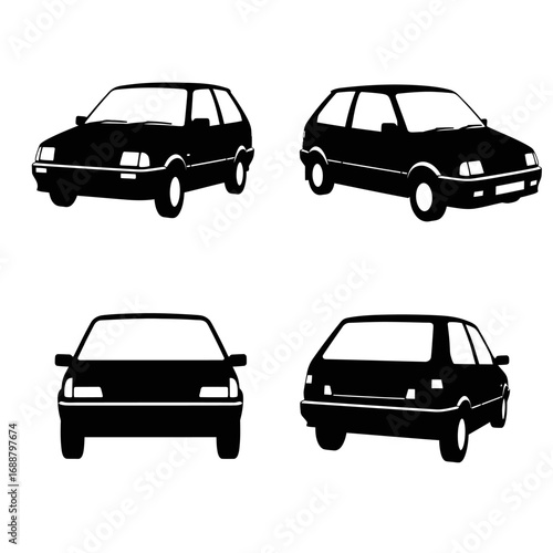 Four views of a simple, classic car silhouette.