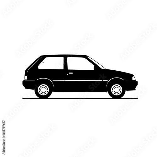 A black silhouette of a classic 1980s hatchback car, side view profile on a white background.
