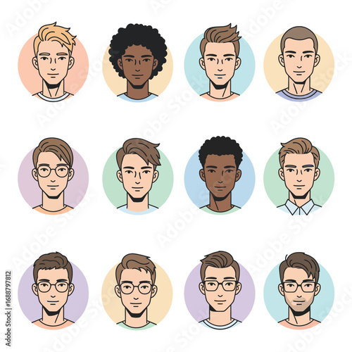 Diverse collection of stylized cartoon portraits featuring men of various ethnicities and hairstyles