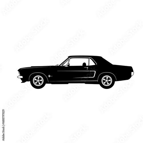 A black classic American muscle car shown in a side profile view as a silhouette on a clean white background.