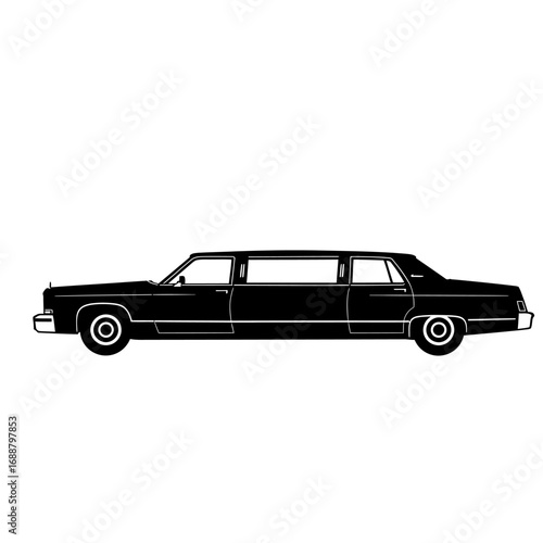 Black limousine side view illustration on a white background.