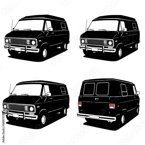 Four black vintage vans illustrated from different angles.