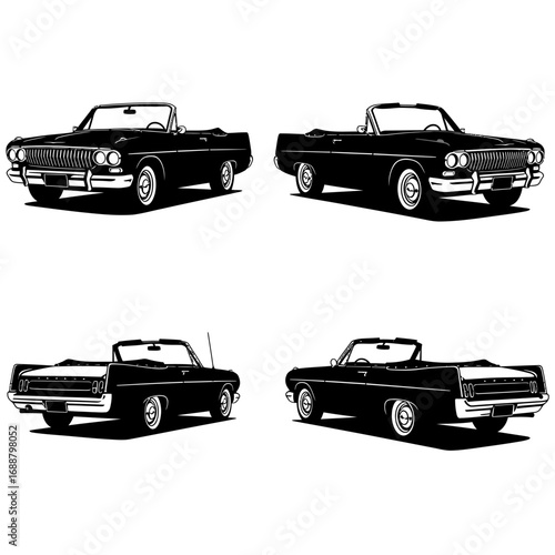 Four different angles of a classic black convertible car, showcasing its vintage design and open-top style.