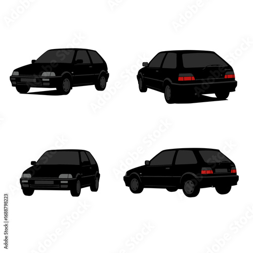 Four Black Hatchback Cars in Different Angles and Views.