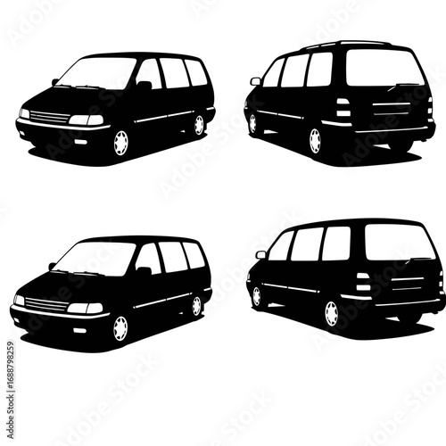 Black and white silhouettes of a minivan from different angles.