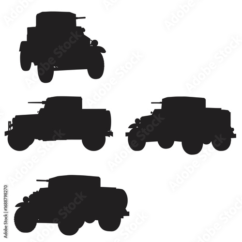 Silhouettes of various armored military vehicles, including trucks and a more compact vehicle with a turret.