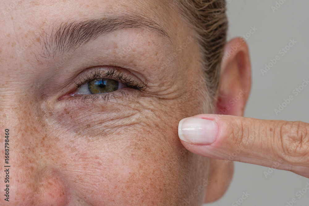 Naklejka premium Close up cropped view of a middle aged woman laughing and pointing at crows feet with her finger
