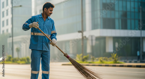 dedicated Indian sanitation worker sweeps a clean street with pride, contributing to urban cleanliness