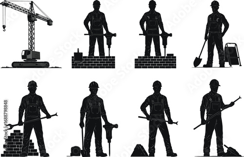 Construction worker silhouettes, industrial tools and equipment, building site vector icons, labor tasks illustration, bricklaying, jackhammer, shovel, crane, wrench, teamwork concept