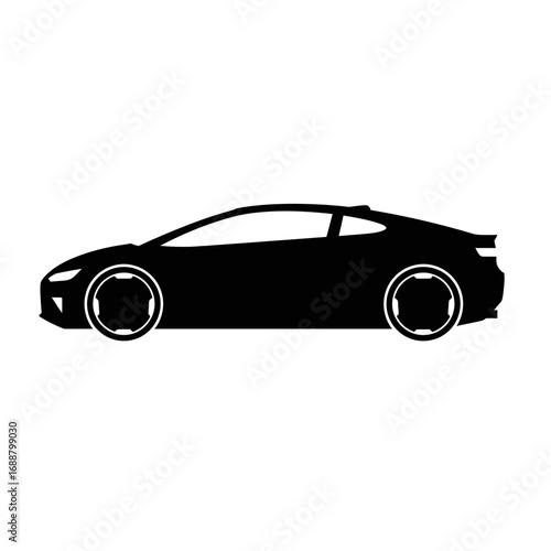 Silhouette of a modern sports car, side view, showing details like wheels and body lines.