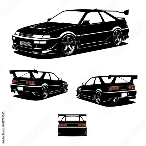 Sleek Black Sports Car with Wing Front and Rear Views Vector Illustration.