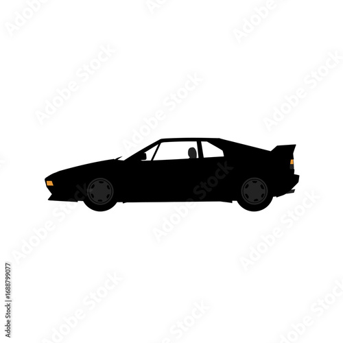 A black silhouette of a sports car with a spoiler on the back, viewed from the side.