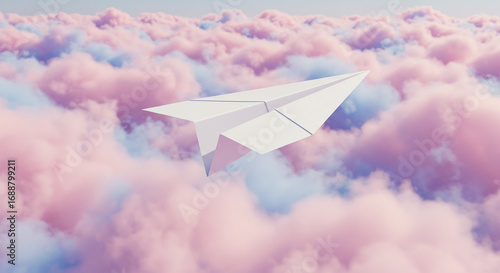 A paper airplane soars through a whimsical sky of pastel clouds.