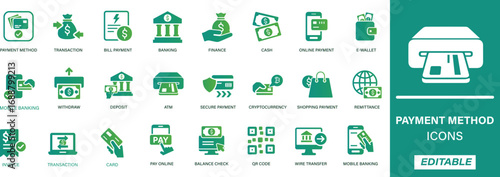  Flat Payment Methods Icon Set. Includes credit card, mobile payment, online transaction, digital wallet, banking, and finance symbols. Editable vector collection.
