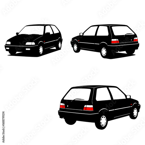 Three Black Hatchback Cars Displayed From Different Angles.