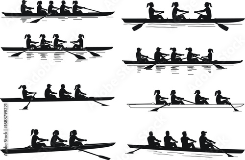 Rowing team silhouettes, synchronized athletes in boat, competitive water sport illustration, crew paddling motion, black vector icons, racing coordination, fitness concept