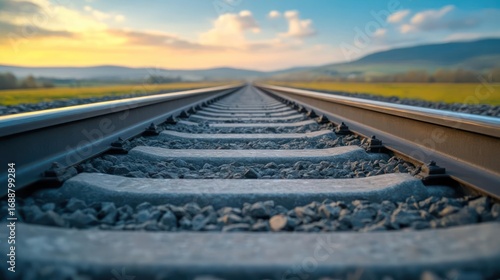 Railway stretching into horizon against picturesque natural landscape at dusk