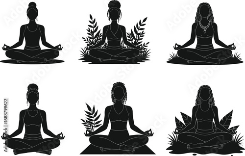 Yoga silhouette vector, seated meditation pose, lotus position illustration, mindfulness art, nature background, wellness concept, spiritual calm, black figure design