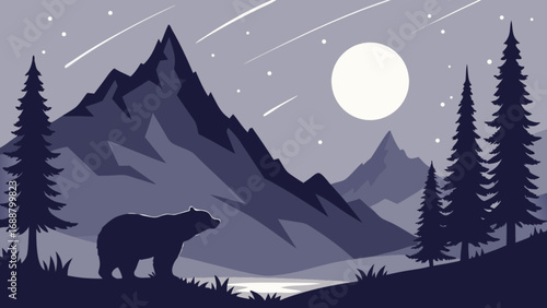 Night landscape with bear silhouette, mountains, trees, moon and stars vector illustration art 100