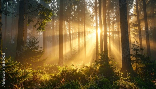 Morning fog weaving through tall trees, beams of sunlight piercing softly to create a magical real life forest view. 