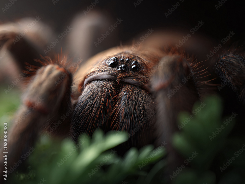 A striking closeup captures the detailed texture and multiple eyes of a tarantula. Evokes feelings of fear, wonder, and the beauty of natures diversity. Perfect for educational or thematic content.