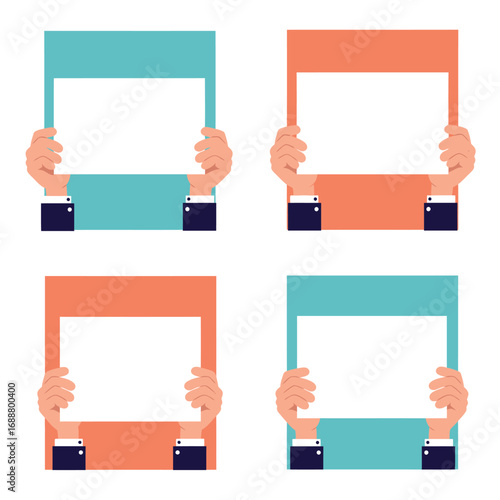 Four diverse hands holding blank signs in teal and orange for message or announcement