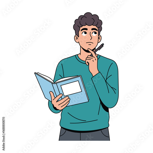 Thoughtful young man studying,  retro cartoon style, pensive mood.