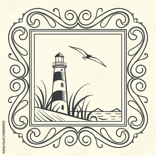 Lighthouse in a Decorative Frame: An elegant, framed illustration showcases a classic lighthouse with a serene seaside scene, evoking a sense of nautical nostalgia and timeless beauty.