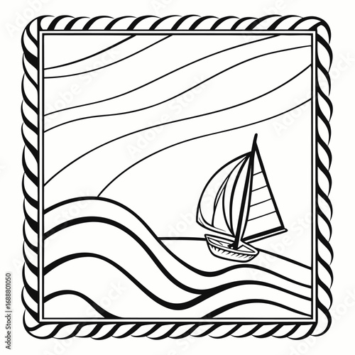 Sailboat at Sea: A serene and stylized illustration captures a sailboat gracefully navigating the waves under a calm sky, framed by a textured border.