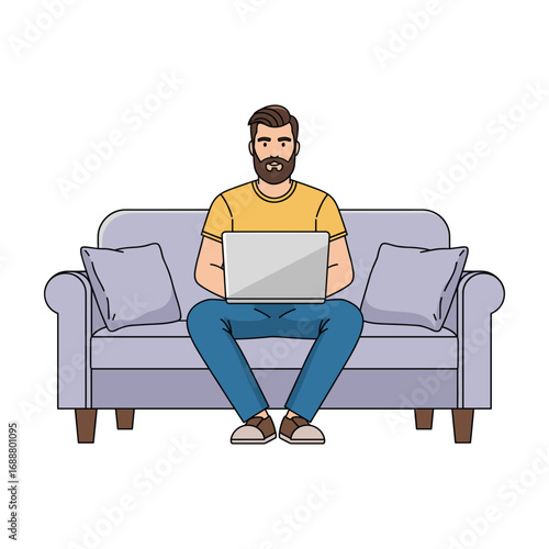 Casual bearded man working on laptop from home sofa.