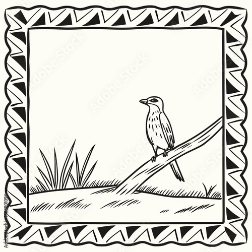 Bird on Branch with Frame: An artistic illustration of a solitary bird perched serenely on a branch within a decorative frame, against a minimalist backdrop, emphasizing simplicity.