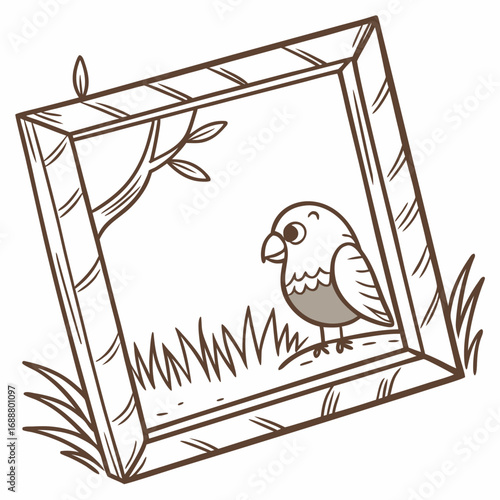 Framed Nature: An illustrated frame artfully captures a charming bird perched amidst a simple yet serene natural scene, inviting the viewer to appreciate the simplicity of nature.