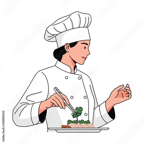 Female Chef Preparing Elegant Dish; Line Art Style; Culinary Illustration