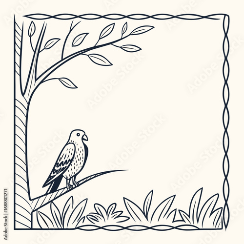 Illustrated Bird and Frame: A tranquil sketch, a bird perches gracefully on a tree branch, framed by an elegant, decorative border, and evoking a sense of calm.