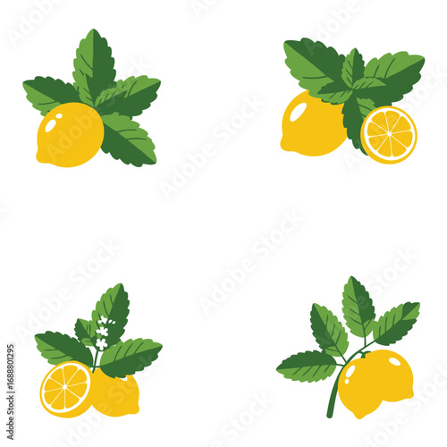 Four stylized illustrations of fresh yellow lemons with green mint leaves on a white background