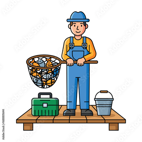 Happy Fisherman with Full Net of Fish, Cartoon Style Illustration