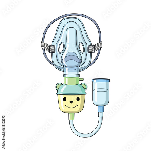 Pediatric nebulizer mask with a bear-shaped medication cup and liquid container for respiratory therapy treatment.