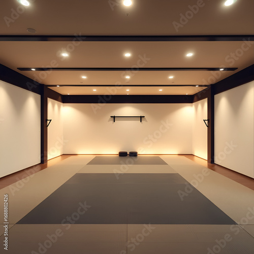 Modern minimalist martial arts dojo interior with tatami mats and ambient lighting for training and meditation practices