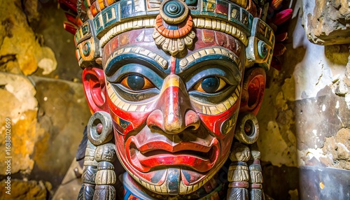 Close-up of a vibrantly colored, carved wooden mask with intricate details