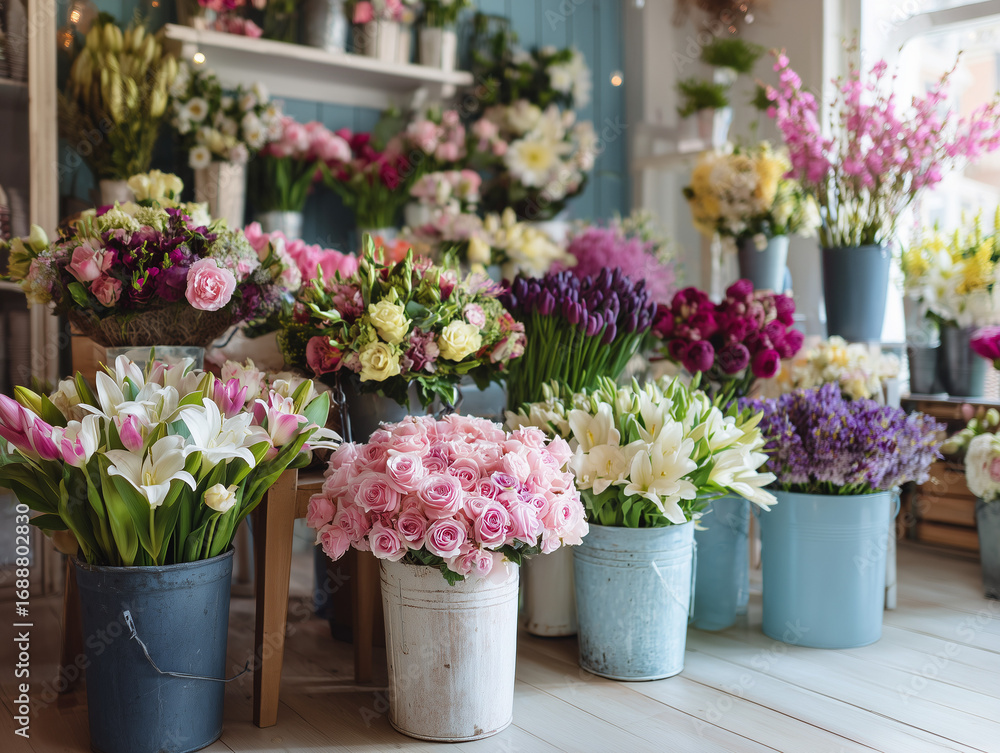 Fototapeta premium Flower Shop Interior with Colorful Bouquets and Fresh Flowers