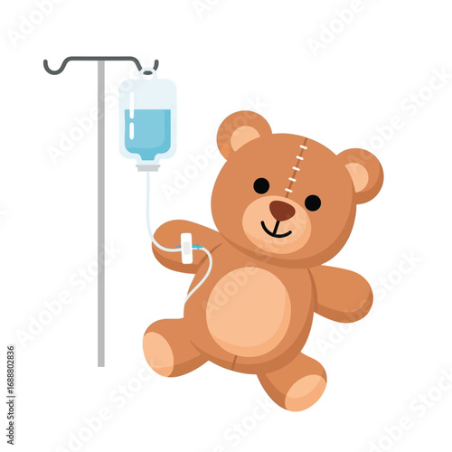 A cheerful teddy bear with an IV drip, symbolizing medical care and treatment.