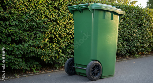 A green plastic wheeled trash can, or 