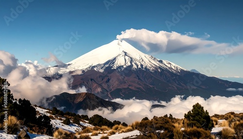 Majestic volcano peak above clouds