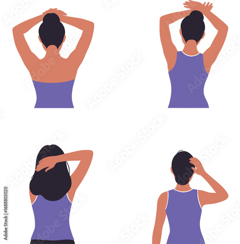 Woman s back view showing different hairstyles and hair being tied up in a bun or ponytail