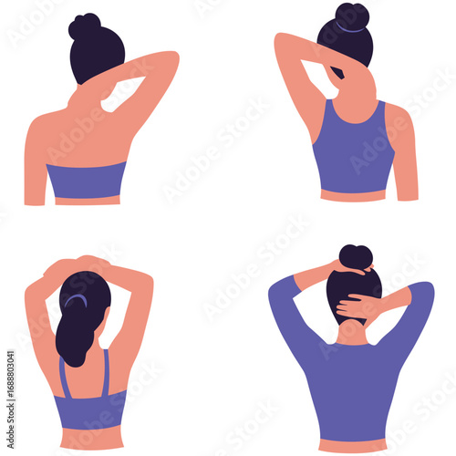 Woman performing neck and shoulder stretches for flexibility and pain relief in a simple flat illustration